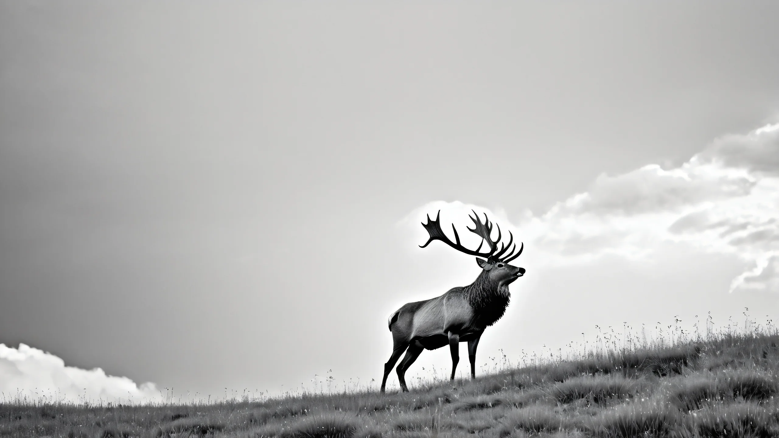 Lone Stag Solace 4K UHD Wallpaper A majestic lone stag stands proud against a cloudy sky with vibrant rainbow hues in the background, created using line art techniques.