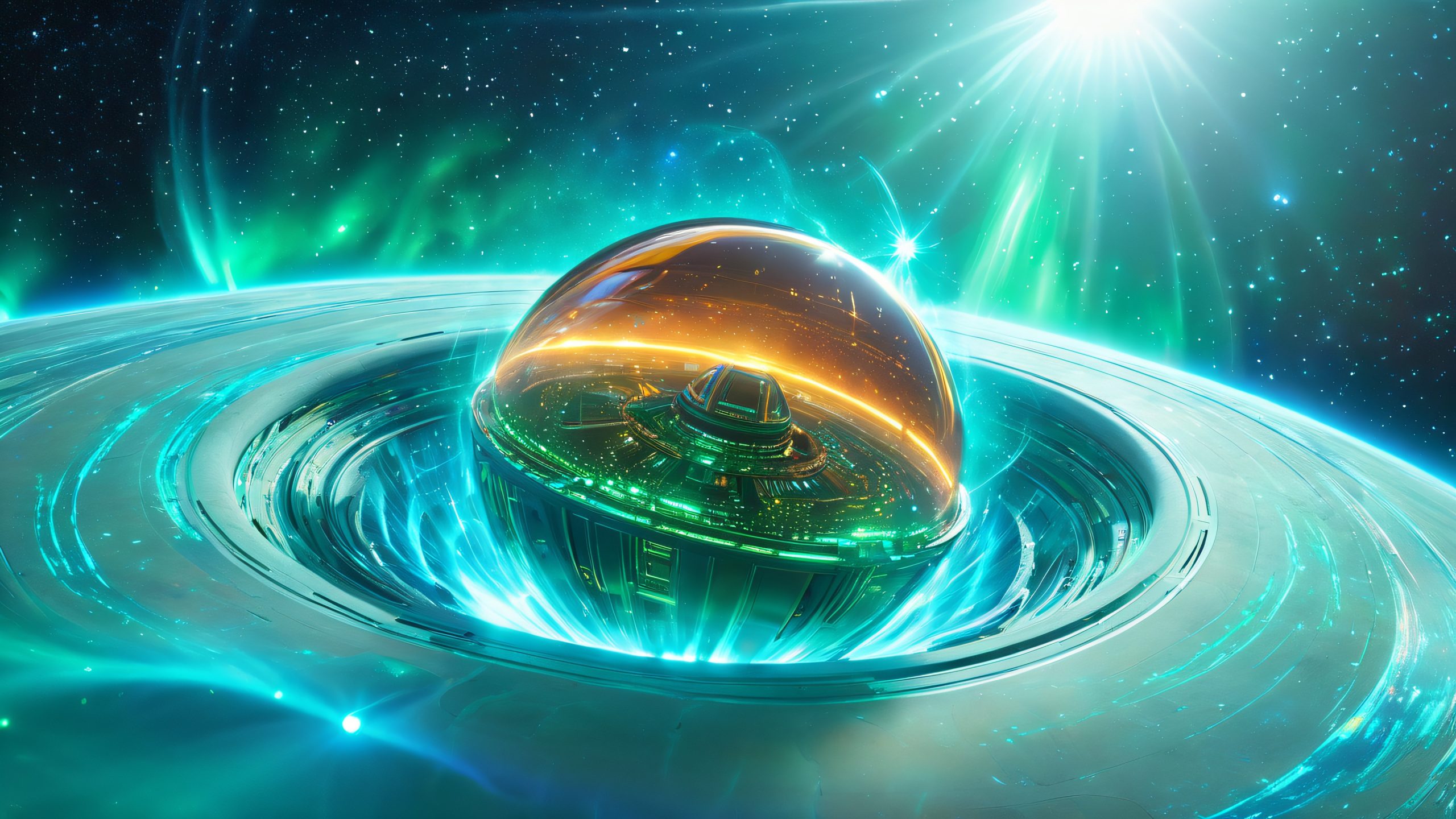 Futuristic orb suspended in swirling gas particles on a darkened desktop/pc background