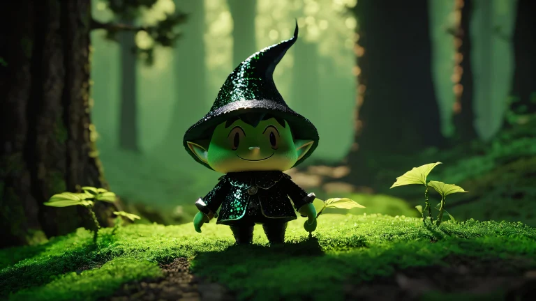 Ancient Lost Woods trees and mysterious green light shafts in a dark, high-contrast scene.