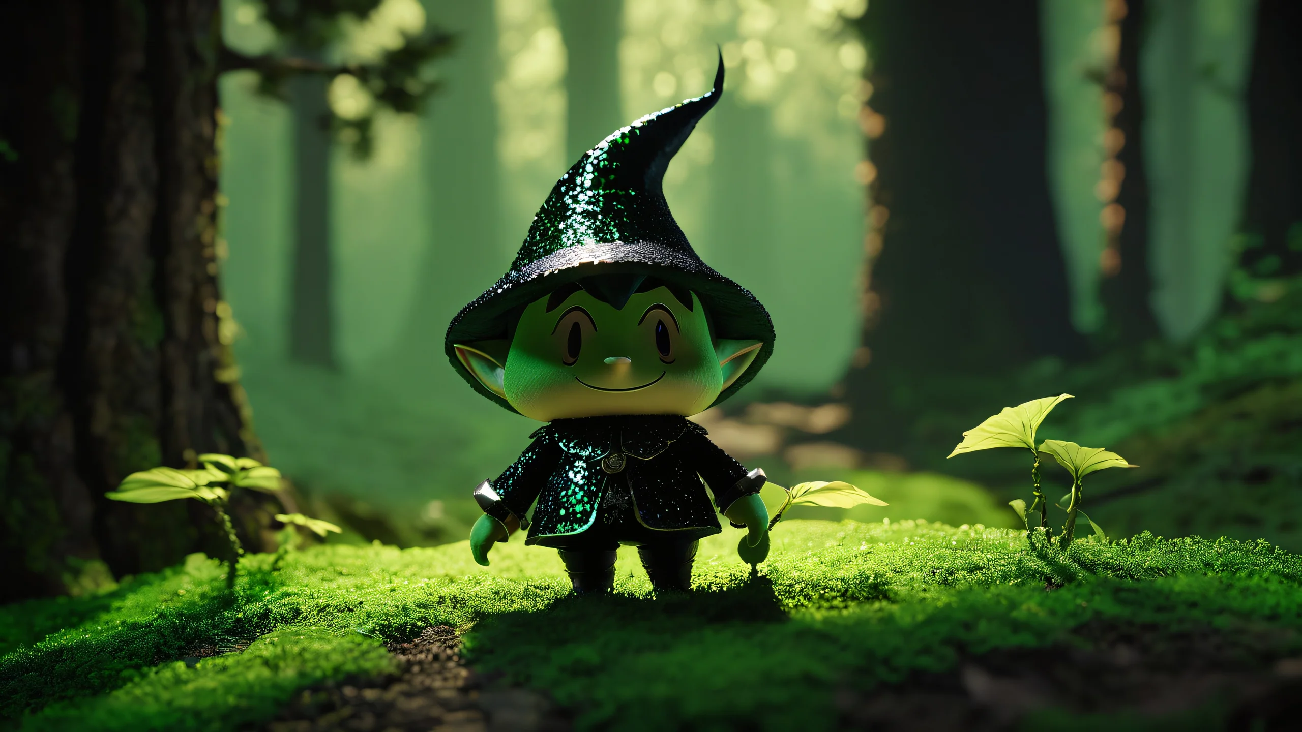 Stunning Lost Woods Encounter 4K Wallpaper Ancient Lost Woods trees and mysterious green light shafts in a dark, high-contrast scene.