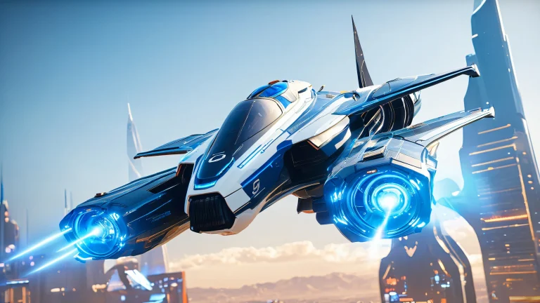 A futuristic Lotus Orbiter in mid-air, surrounded by digital code and cityscape, for desktop/PC use.