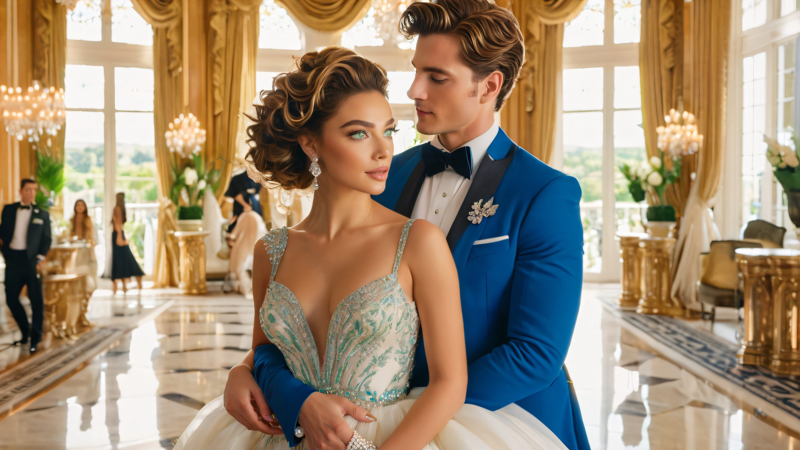 4K Loving Foyer Moment Wallpaper for PC/Mac Couple gazing lovingly into each other's eyes on a grand desktop with opulent decorations and warm lighting, suitable for Desktop/PC.