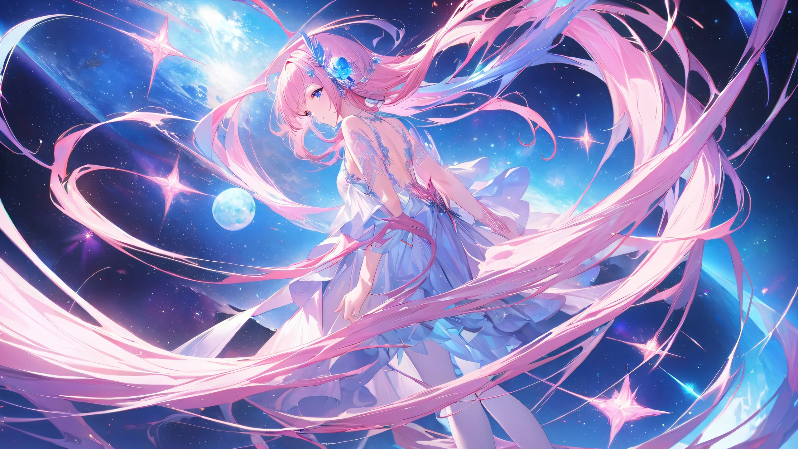 A stunning 4K illustration of a girl surrounded by vibrant pink and blue hues in outer space.