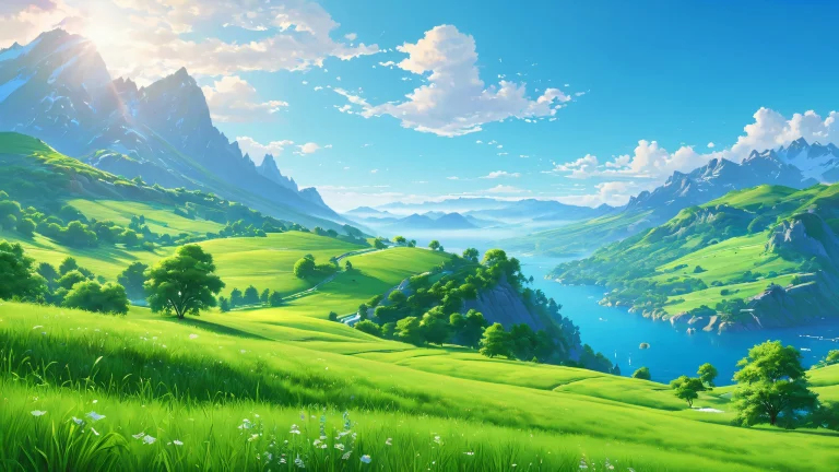 Breathtaking 4K digital painting of a green canyon landscape at daylight.