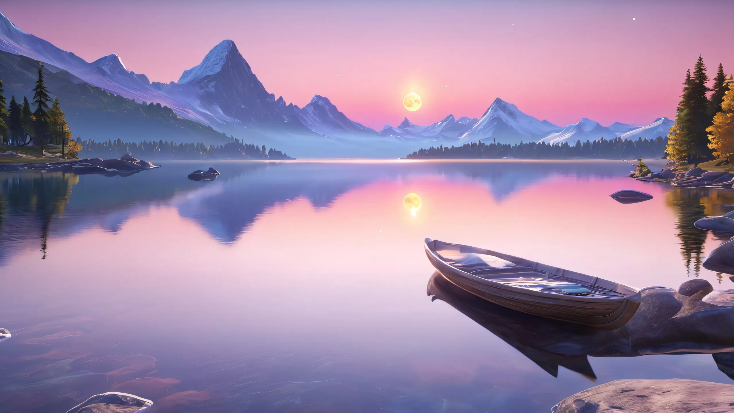 Luminous Moonlit Serenity Aesthetic PC Wallpaper Majestic crescent moon above a serene lake for desktop/PC