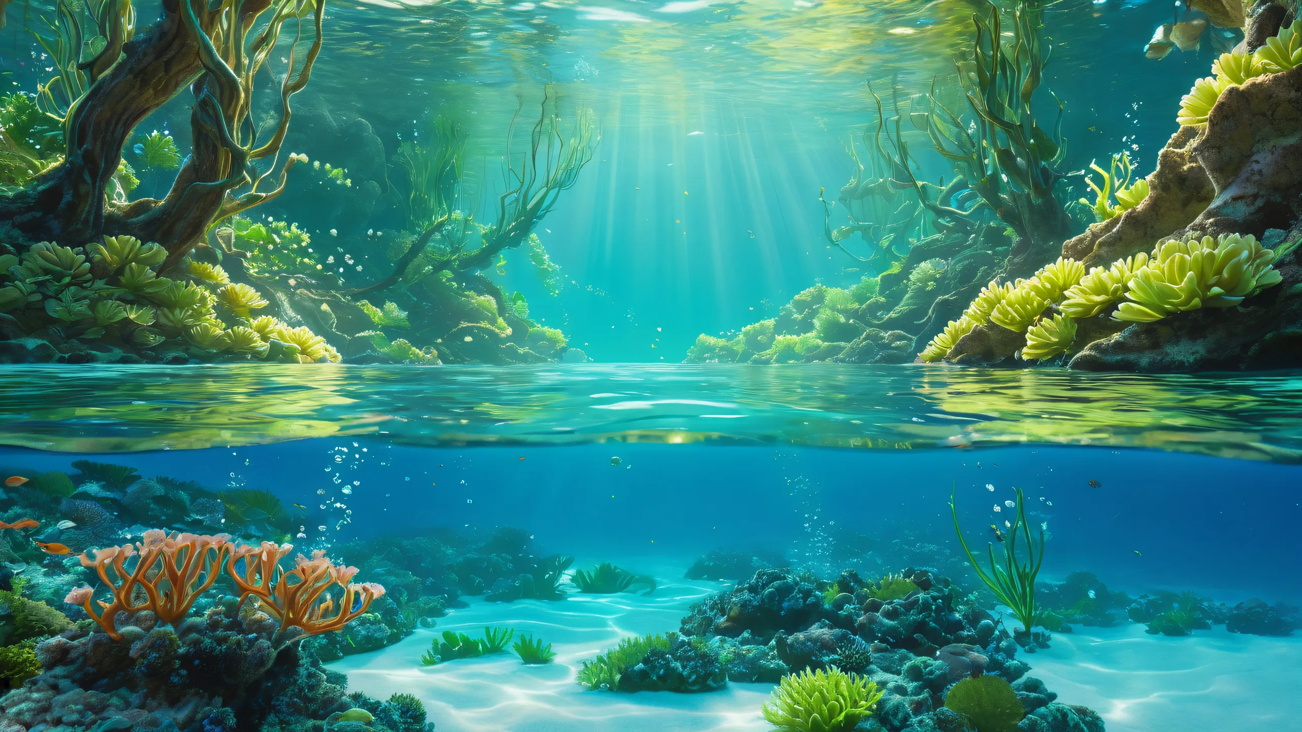 Luminous Ocean Depths Aesthetic PC Wallpaper Serene underwater scene featuring crystal clear water and bioluminescent organisms for desktop use on PC/monitor