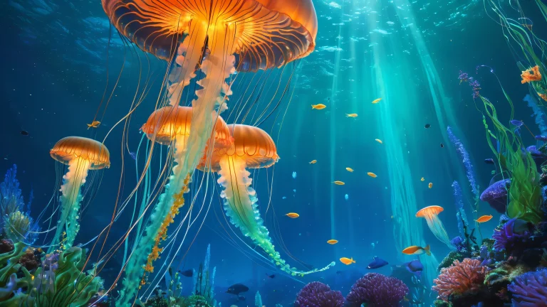 A majestic underwater cityscape on a desktop/pc, featuring bioluminescent jellyfish and glowing schools of fish.