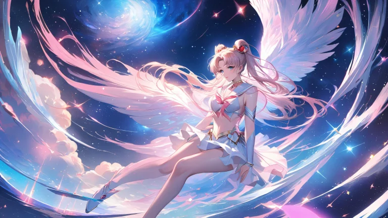Sailor Moon in a glowing galaxy with stars and planets