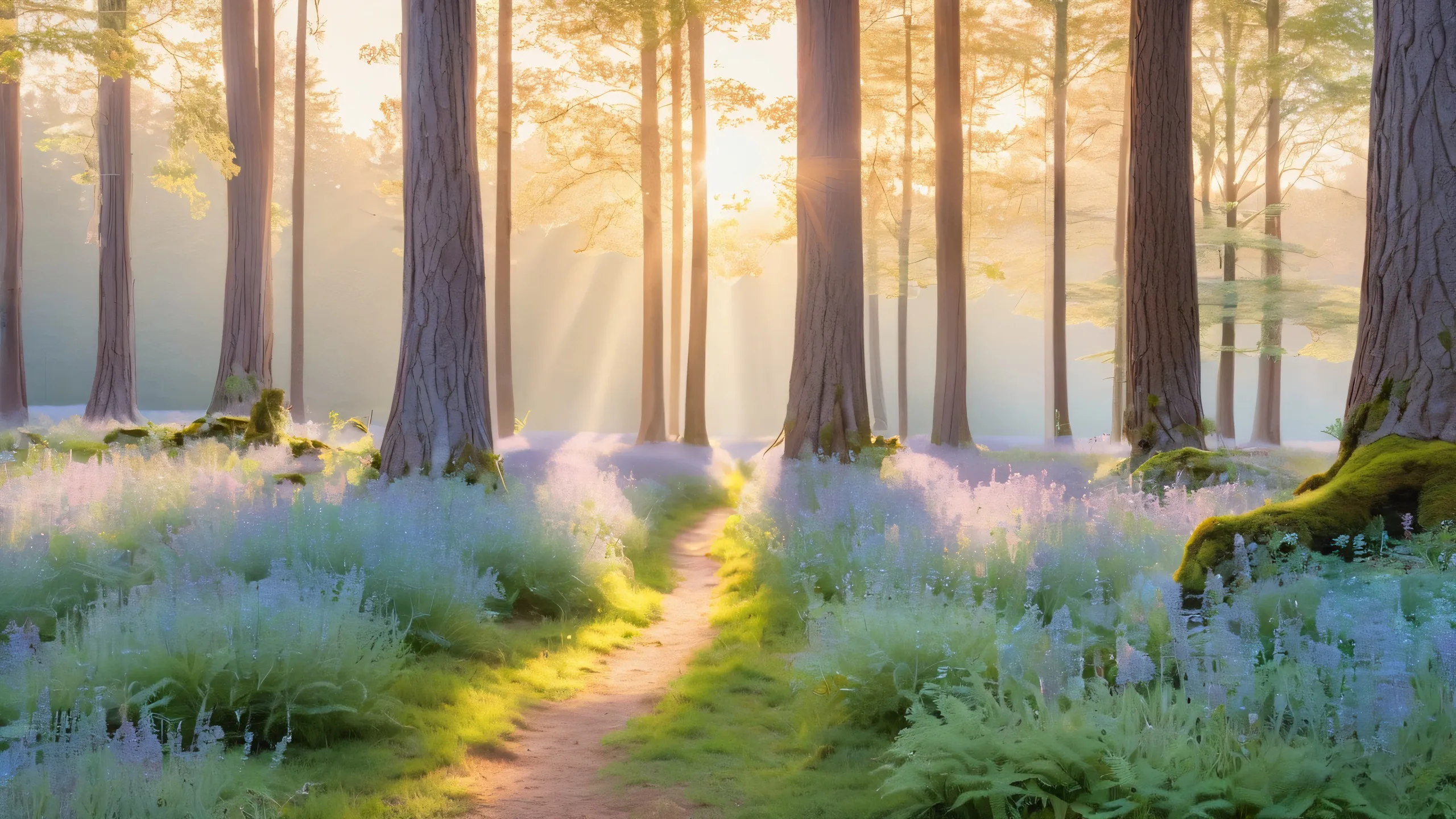 Ultra HD Luminous Whispering Woods Wallpaper A serene mystical forest glade for your Desktop/PC featuring ancient trees, soft mosses, and delicate wildflowers under a warm lantern glow.