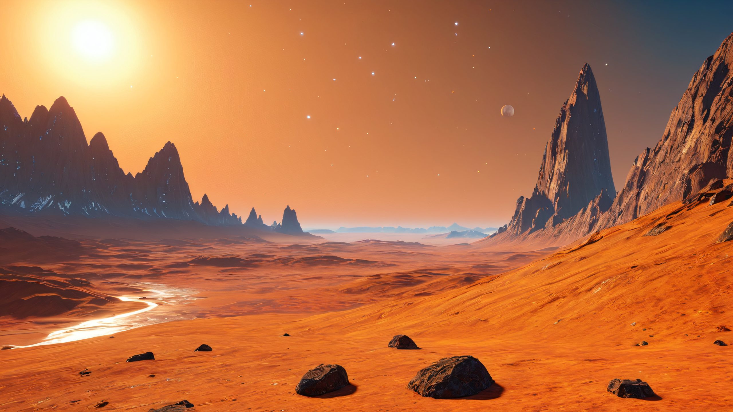 A dramatic, 4K desktop wallpaper of a towering, moon-like structure with a rocky surface, partially shrouded in a glowing atmosphere, reflecting the warm light of binary suns, set against a desolate, barren landscape with distant stars twinkling like diamonds against the inky blackness of space. For desktop/pc.