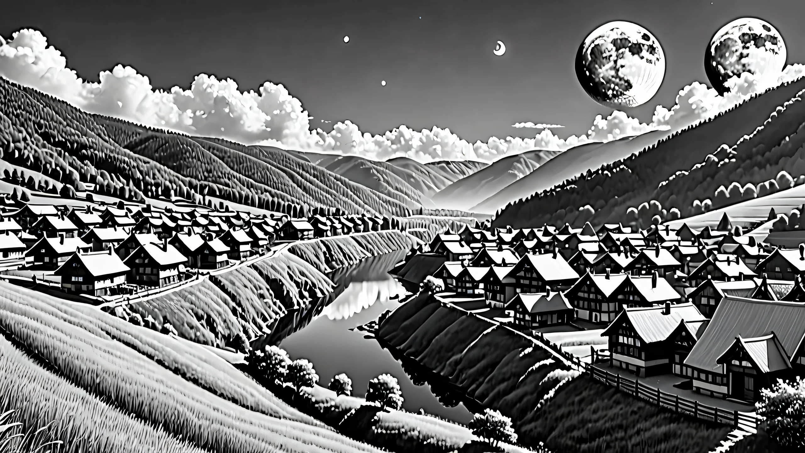 A stunning monochromatic depiction of a serene village under the watchful gaze of a full moon.