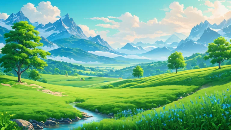 A serene and vibrant illustration of a lush meadow at dawn, with rolling hills, wildflowers, and soft sunlight.