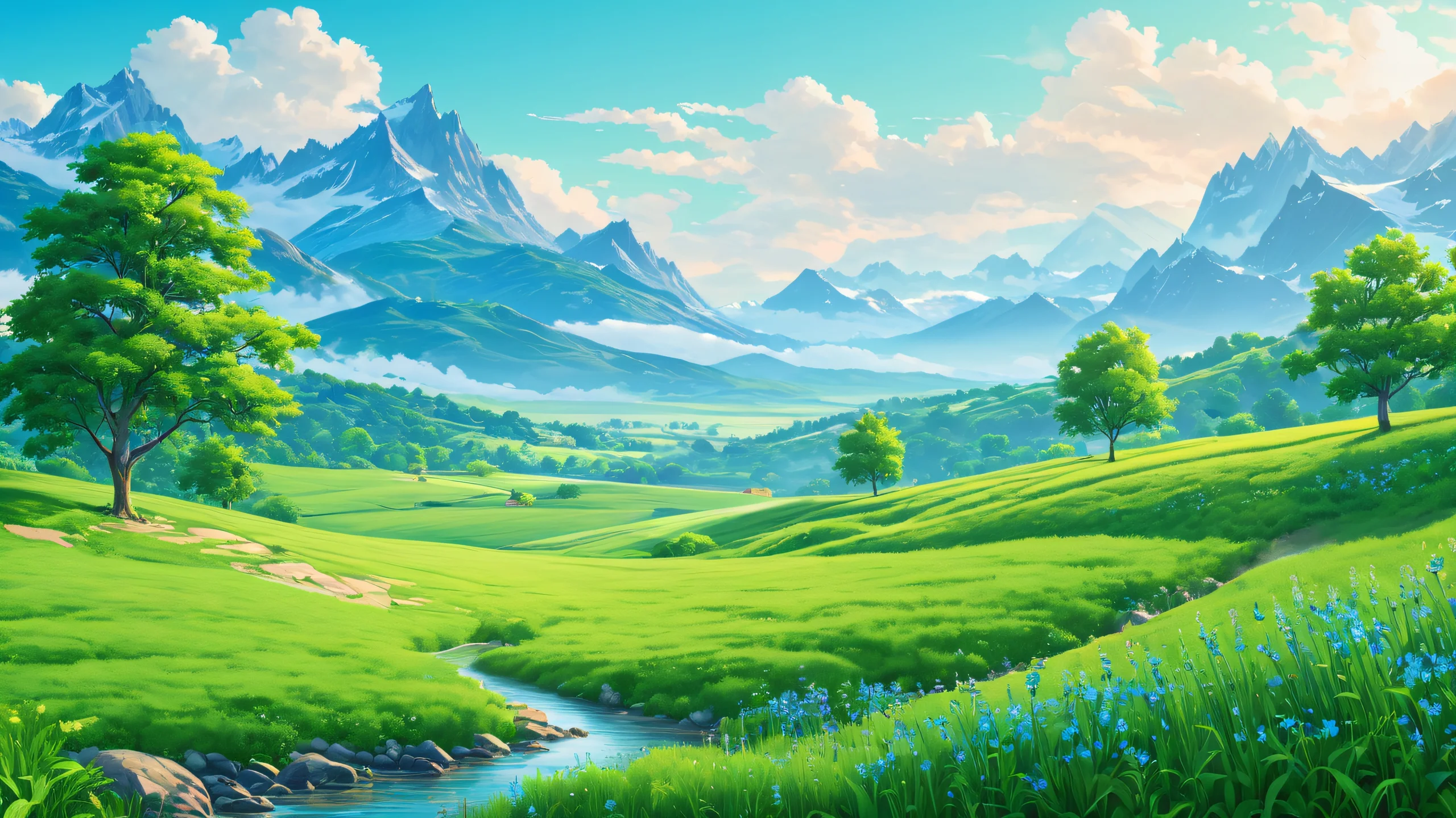 Aesthetic Lush Meadow Dawn Background A serene and vibrant illustration of a lush meadow at dawn, with rolling hills, wildflowers, and soft sunlight.