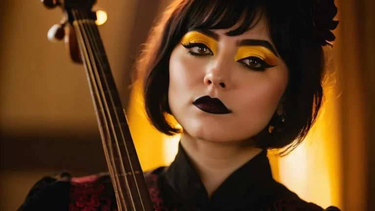 Close-up portrait of Lute from Hazbin Hotel with yellow eyes and bold shadows