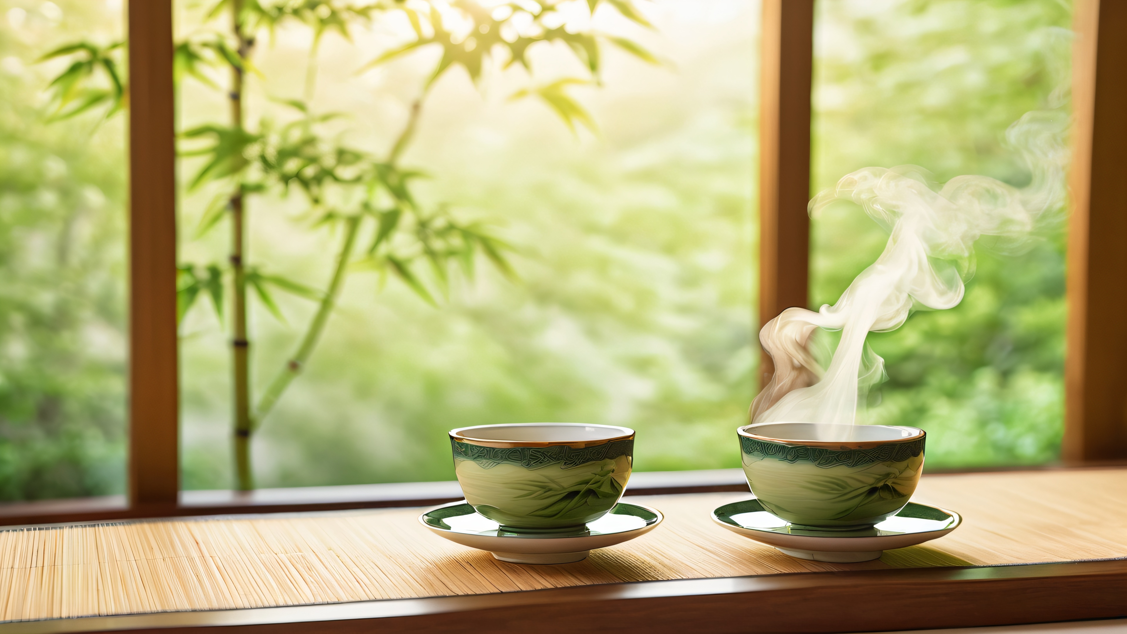 A serene tea room with ceramic tea cups and Japanese maple leaves, soft morning light, and traditional tatami mats