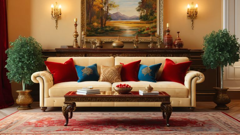 luxurious lounge study wallpaper with gold filigree and leather bound books scaled