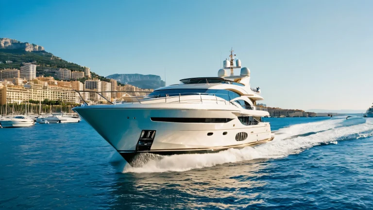 A stunning luxury yacht scene for Desktop/PC backgrounds with clear blue water, sailboats and powerboats, and Monaco's cityscape in the distance at sunset.