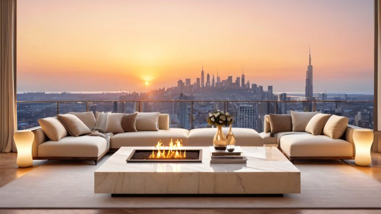 luxury living room 4k wallpaper cityscape dusk plush sofas marl scaled