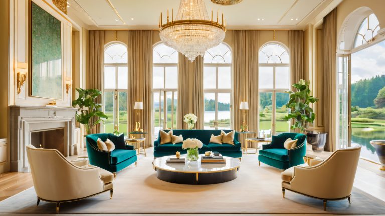 luxury lounge wallpaper opulent mansion tranquil lake view 4k scaled