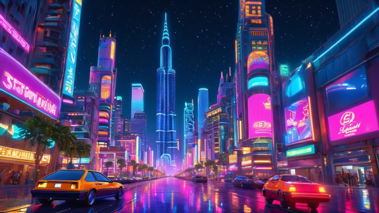 luxury orante cityscape with neon skyscrapers wallpaper scaled