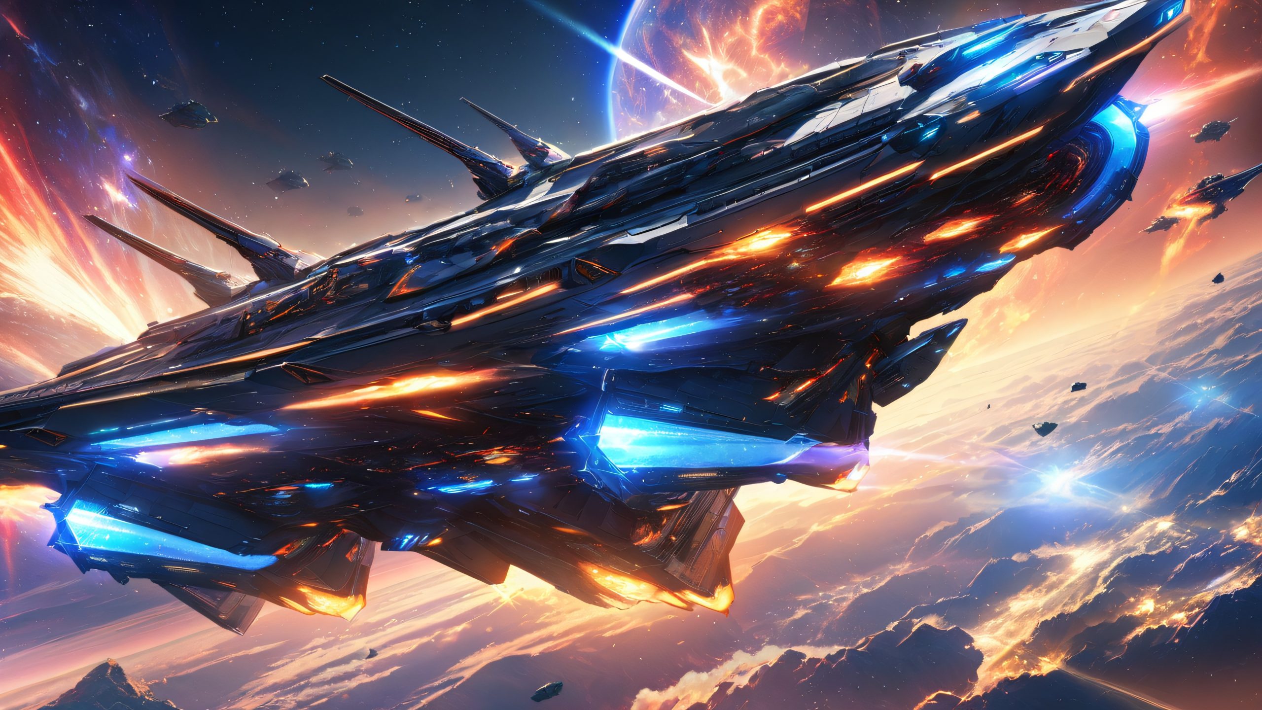 A futuristic battleship, Macross Frontier, emerges from misty planet veil, ready for space battle, on desktop/pc