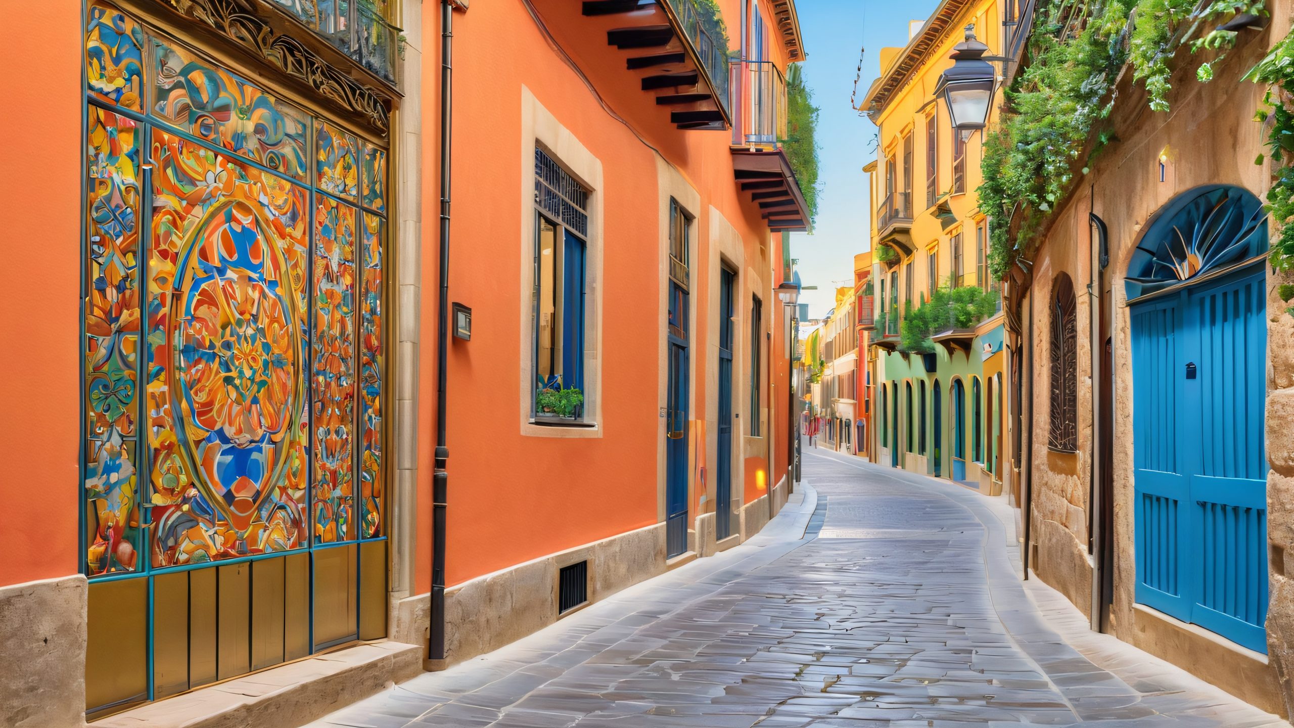 Vibrant street art murals on historic Madrid alleyway walls, perfect for desktop/PC