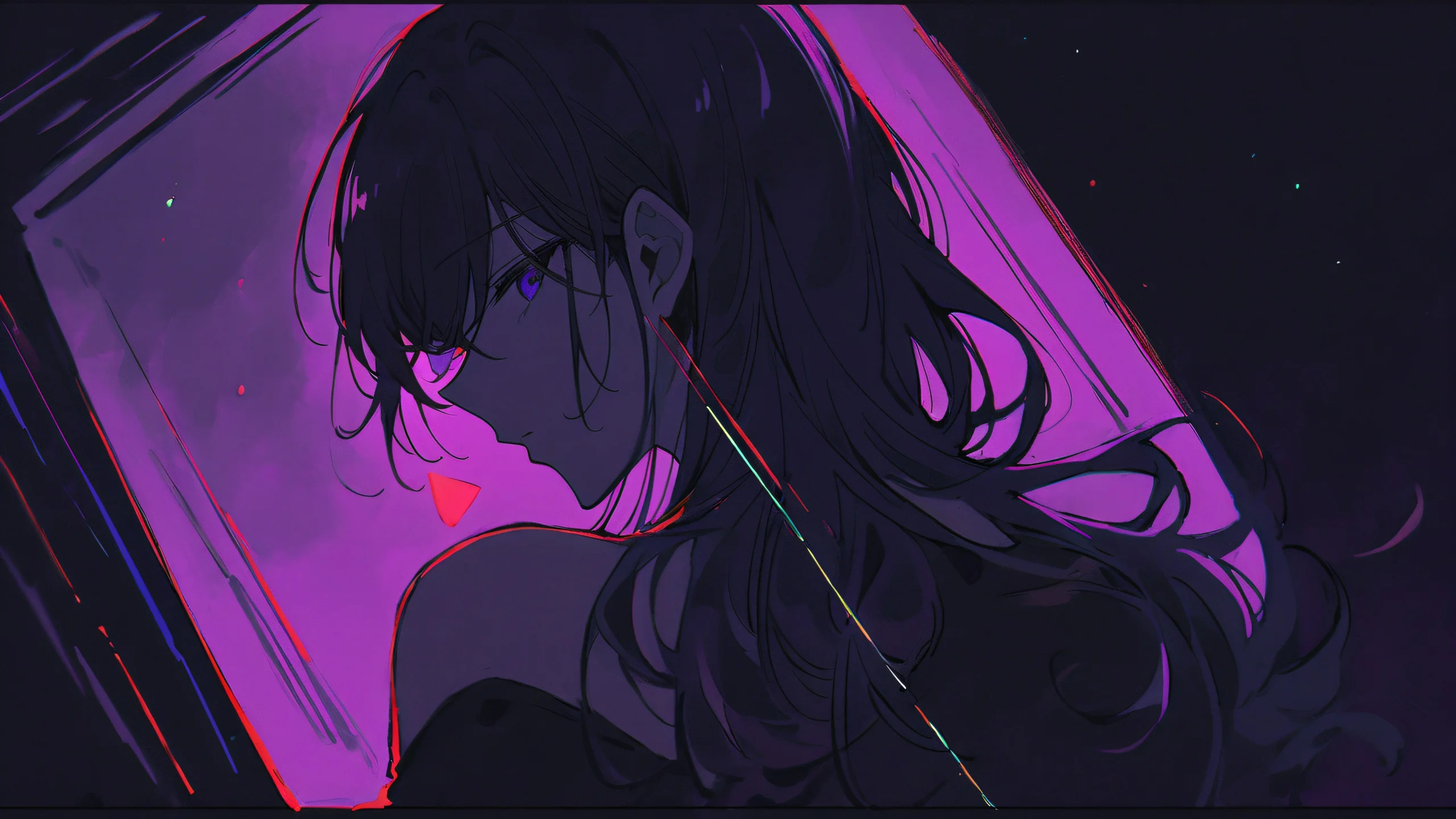 Aesthetic Mafuyu's Serene Night Background Asahina Mafuyu's intricate hair design in a darkened room with creamy bokeh and geometric leading lines.