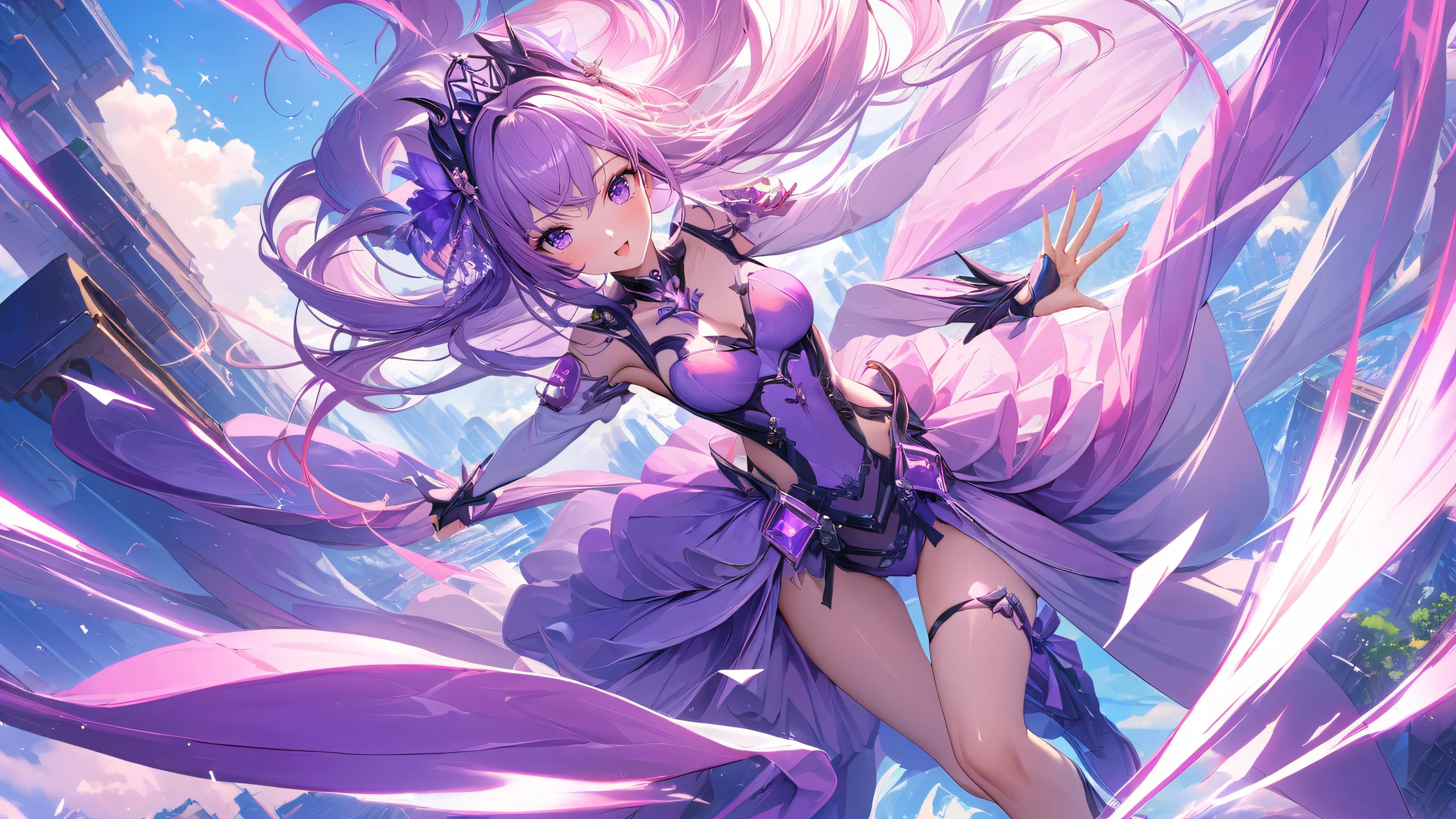 A beautiful anime-style illustration of a young girl with pink hair and vibrant purple accents, set against a stunning background.