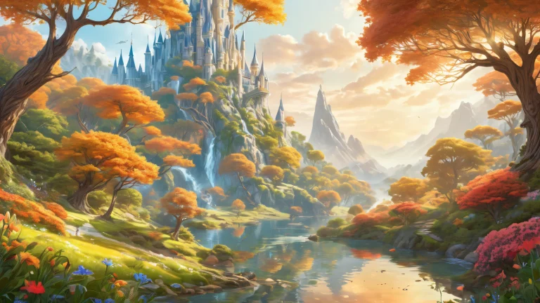 Breathtaking desktop wallpaper featuring a whimsical forest or mystical realm with intricate details and character design, geeignet für Desktop/PC.