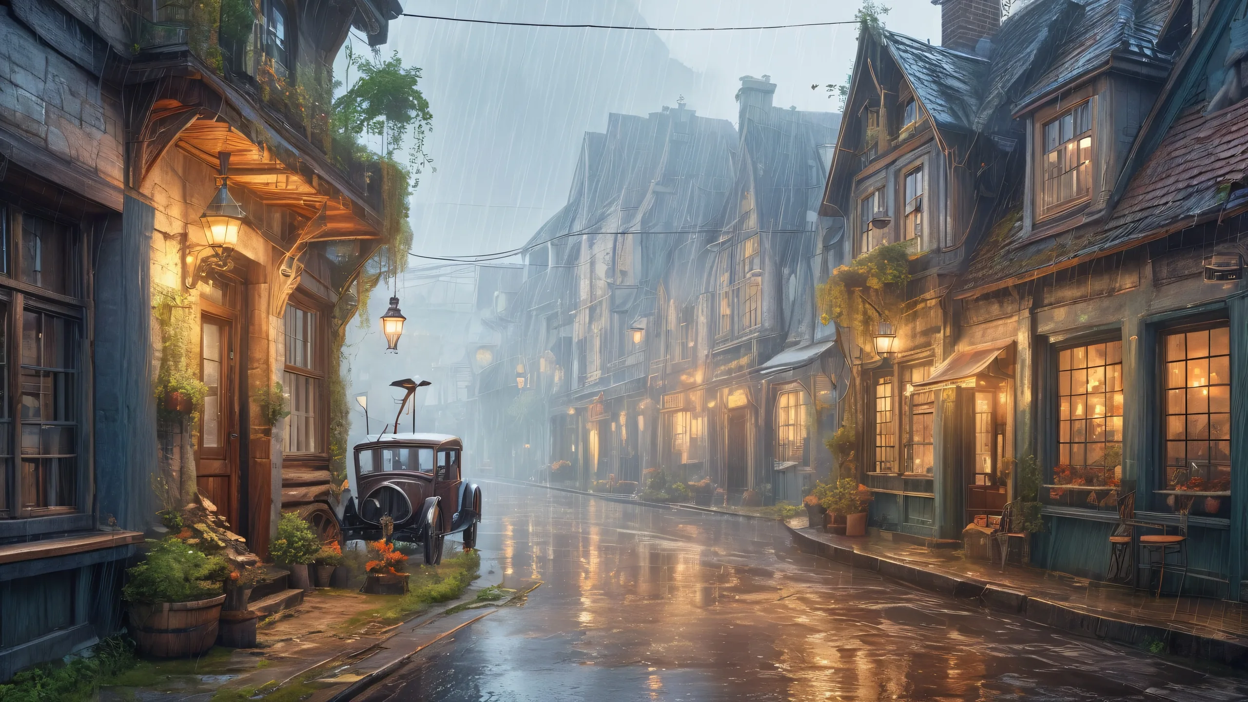 Ultra HD Maiden's Rainy Urban Oasis Wallpaper Ethereal fantasy desktop wallpaper featuring Maiden, urban-rural hybrids, and atmospheric rain settings for PC or Desktop