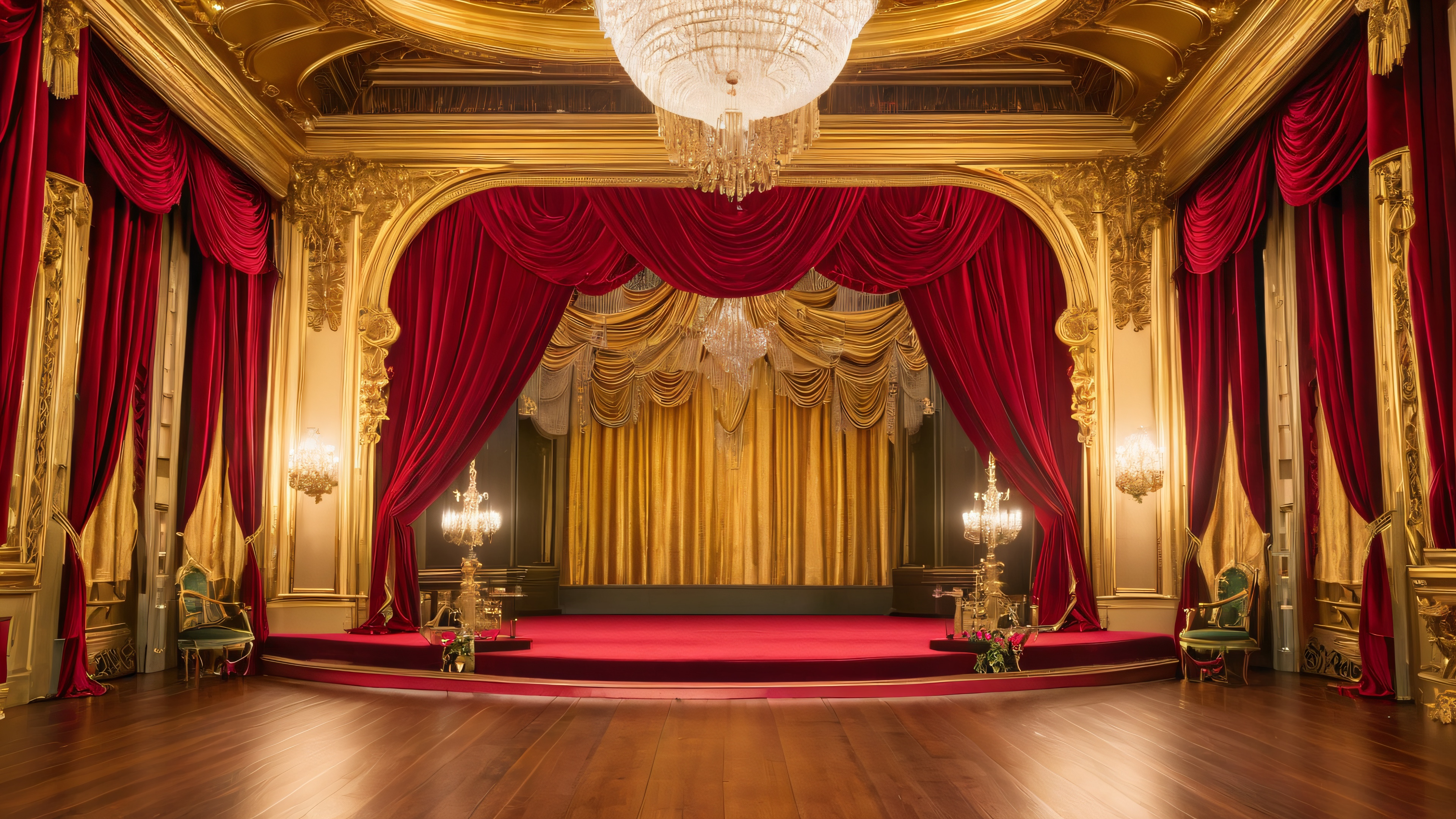 A majestic 18th-century-style proscenium arch theatre with intricately carved gilded details, crimson velvet curtains, and a grand chandelier