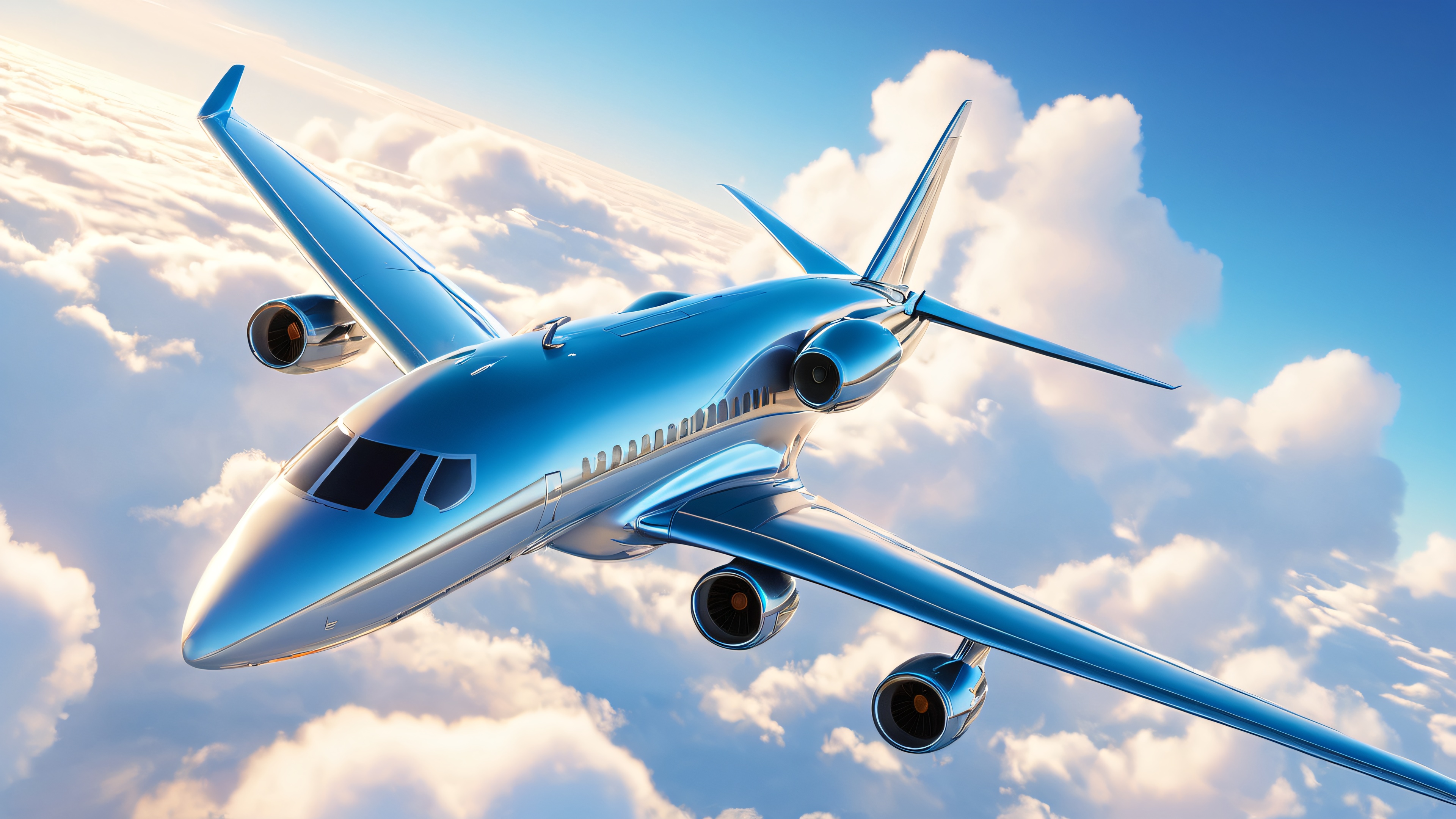 A high-quality 4K desktop wallpaper featuring a majestic airliner against a gradient blue sky with wispy clouds