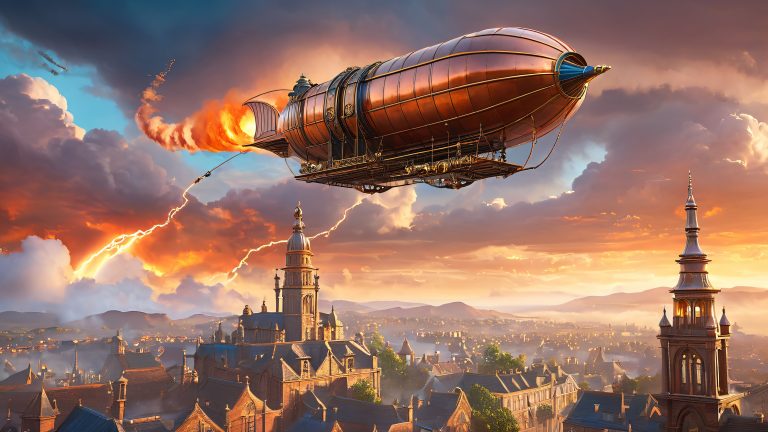 majestic airship soars through stormy steampunk landscape scaled