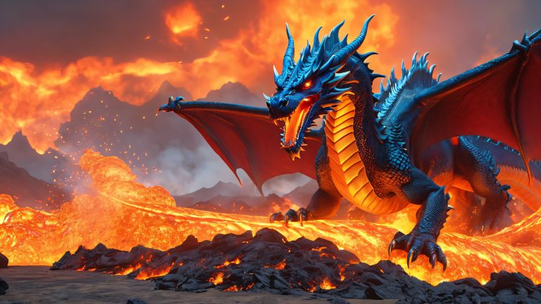 majestic blue dragon emerges from fiery clouds 4k wallpaper scaled