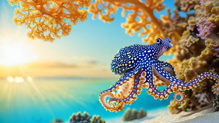 majestic blue ringed octopus coral reef wallpaper scaled