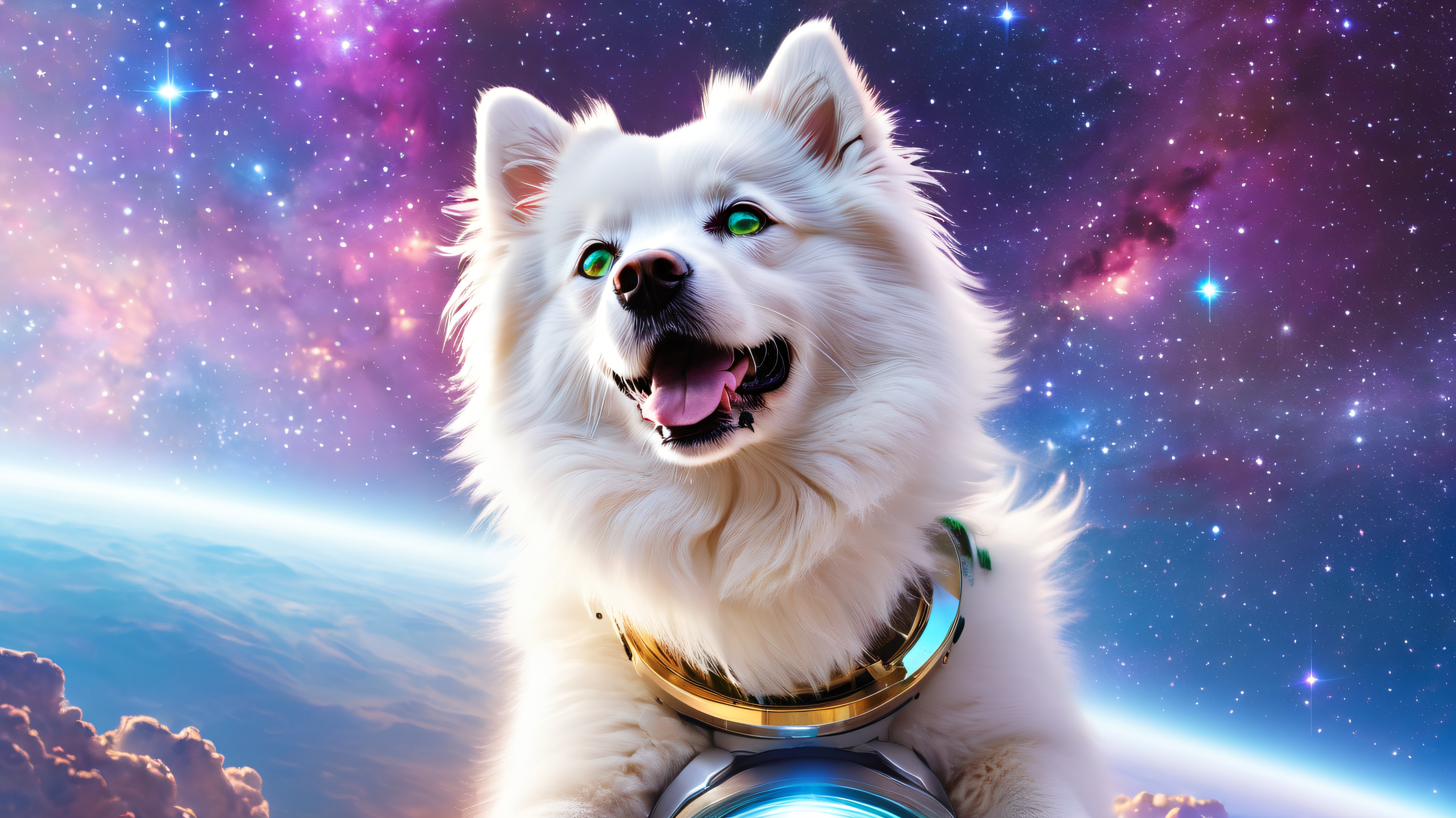 A majestic canine astronaut emerges from a swirling blue-white star vortex, with piercing green eyes and a star-shaped collar. The dog's paws bear glowing propulsion devices on a gravity-defying hoverboard amidst a cosmic expanse of nebulae, stars, and galaxies.