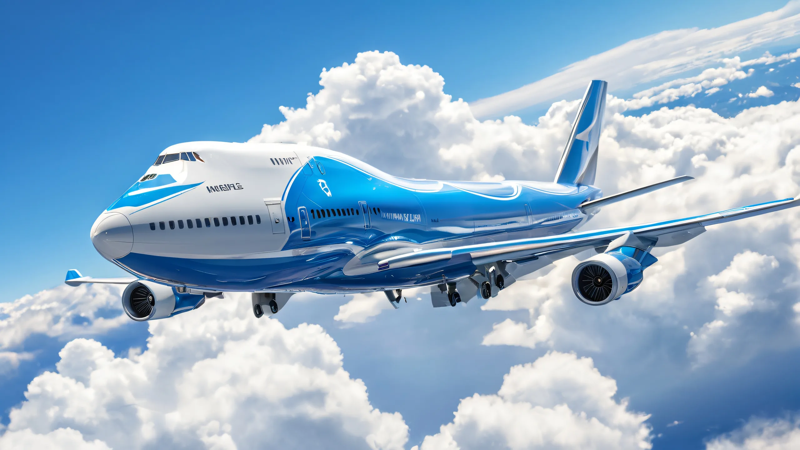 Majestic Cargo Cruiser 4K Desktop Wallpaper A majestic Boeing 747-8F cargo plane against a deep blue sky with wispy clouds and direct sunlight casting long shadows, suitable for desktop/pc screens.