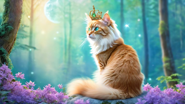 majestic cat whimsical moonlit forest wallpaper scaled