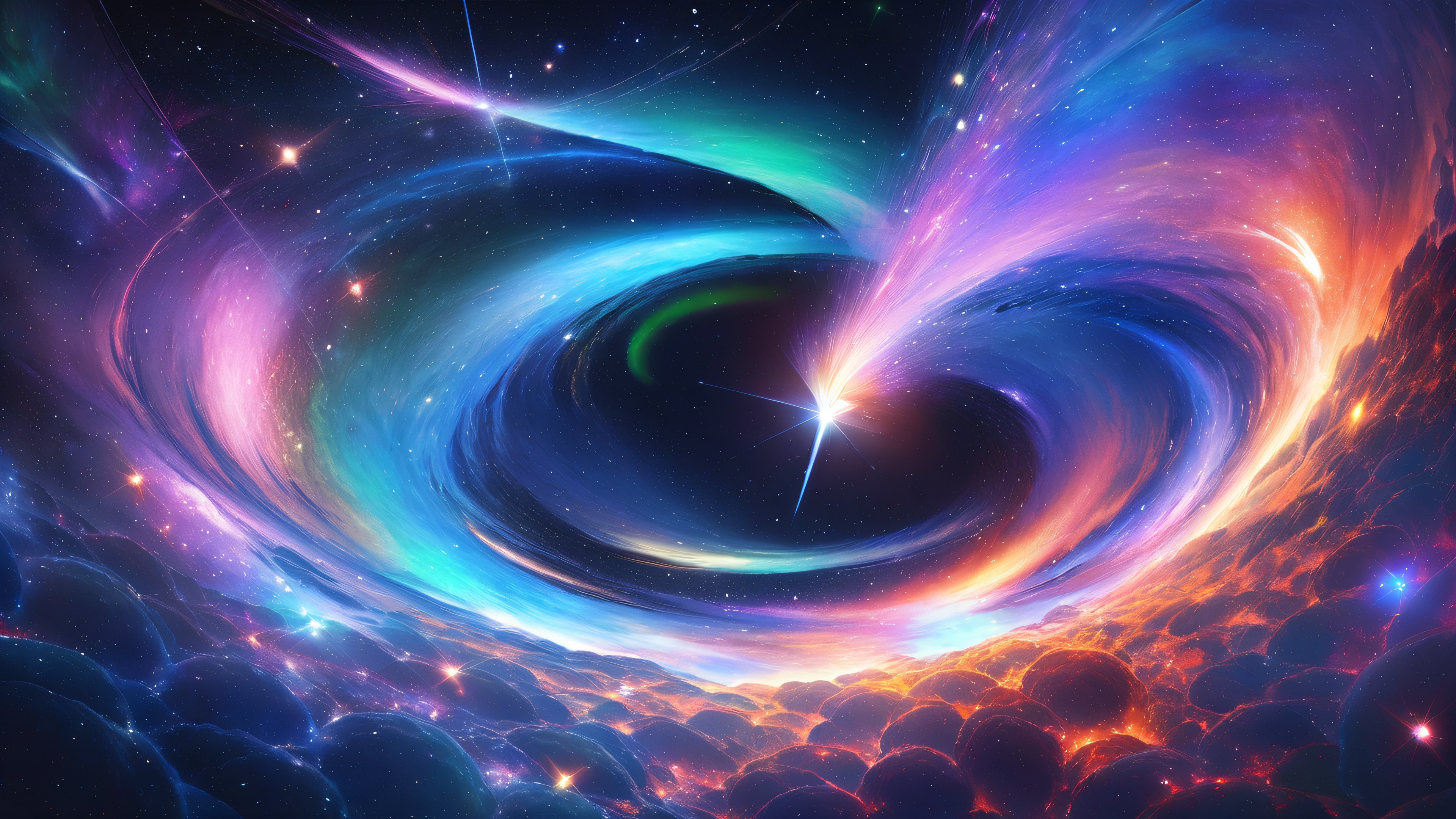 A stunning 4K desktop wallpaper featuring a majestic celestial sphere with swirling aurora-like tendrils of blue-green gas and countless stars.