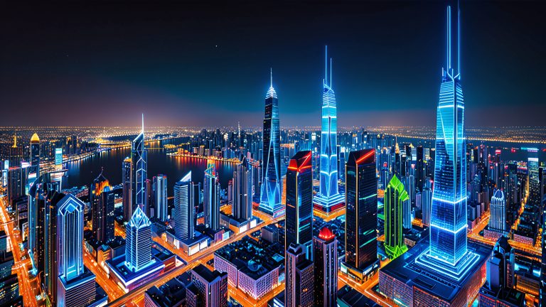 majestic city skyscraper led light show 4k wallpaper scaled