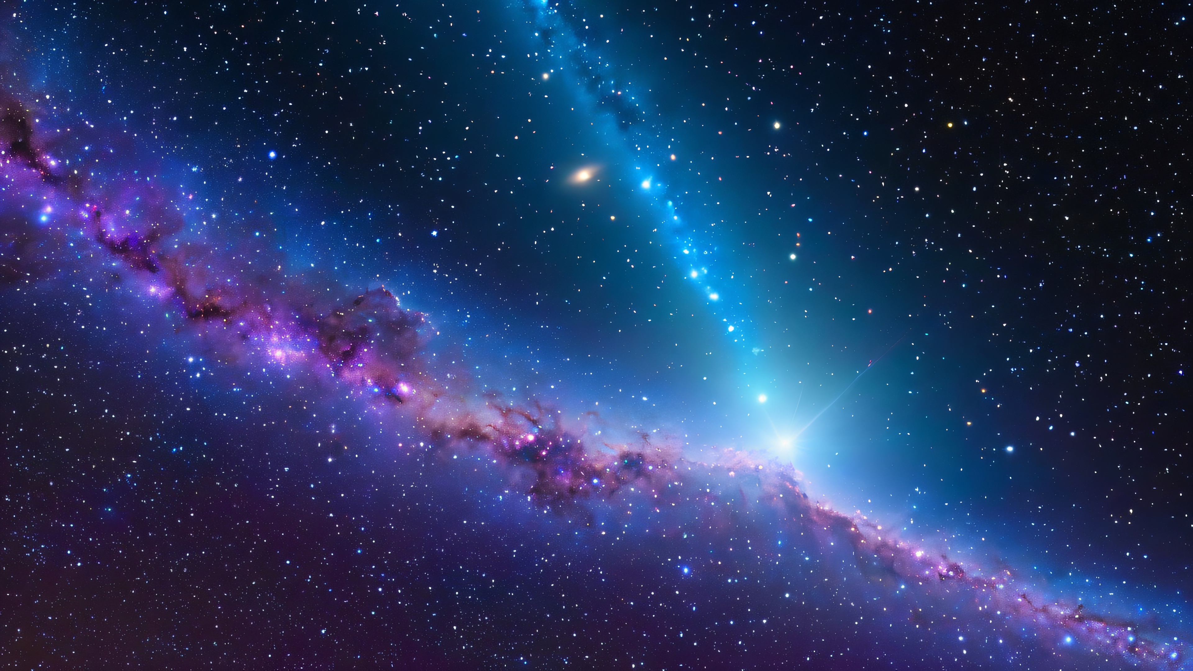 A majestic comet streaks across the dark night sky, its glowing nucleus encased in ethereal gas and dust, refracting starlight into a kaleidoscope of blues and purples.