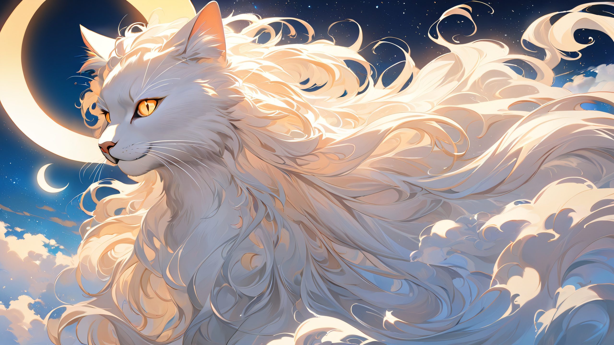 Ethereal Feline Realms Aesthetic PC WallpaperConvient pour ordinateur de bureau/PC A majestic ethereal cat against a deep blue background with stars and crescent moon shape. Suitable for desktop/PC.