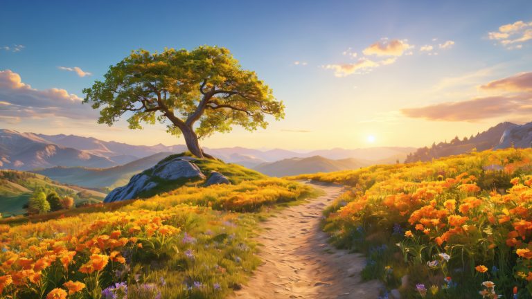 majestic fantasy landscape wallpaper golden leaves and wildflowers 4k scaled