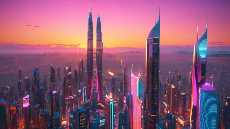 majestic futuristic cityscape with metallic facades and neon glow 4k desktop background scaled