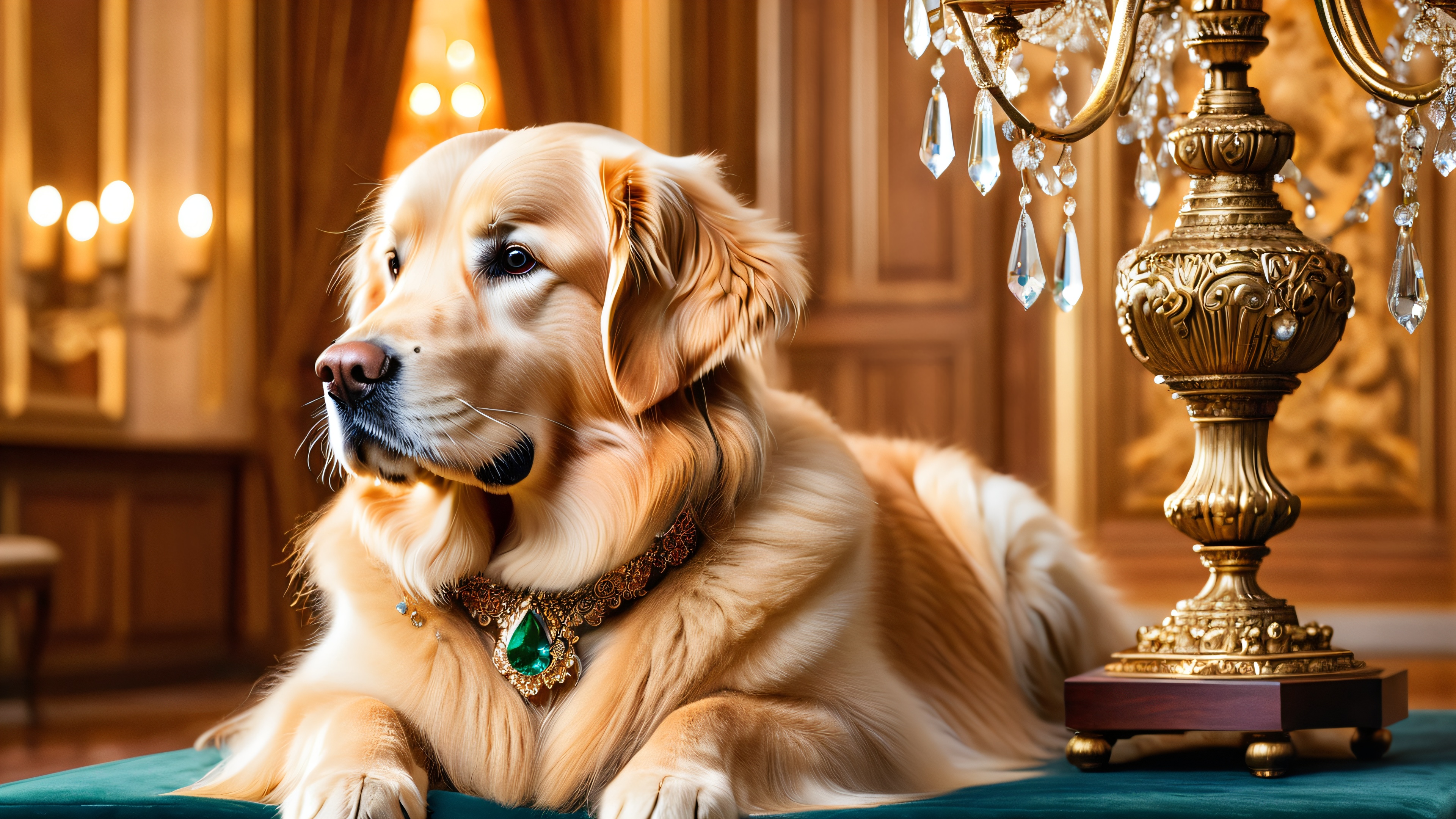 A majestic golden retriever sitting amidst a plush velvet backdrop with intricate gemstones and delicate filigree, surrounded by luxurious study ambiance
