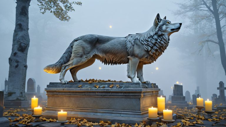 majestic gray wolf among ancient tomes wallpaper scaled