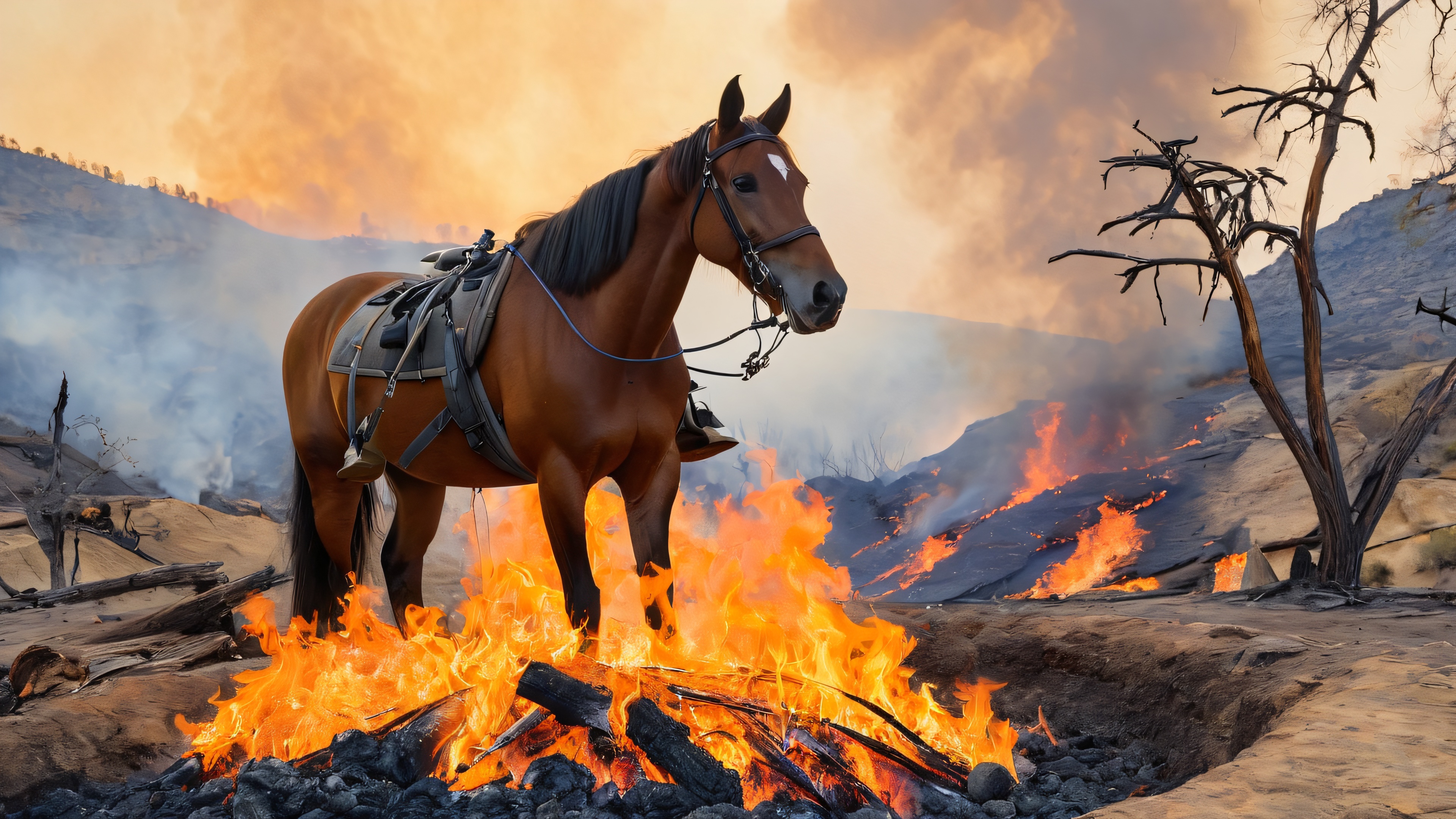 A majestic thoroughbred horse being rescued from a charred canyon during a catastrophic wildfire, with a helicopter and rescue basket.