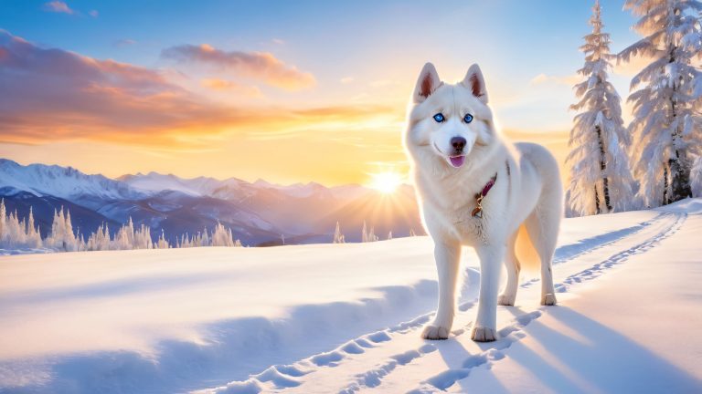 majestic husky at sunset snowy mountain landscape wallpaper scaled