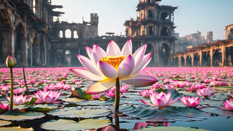 majestic lotus blooms amidst urban ruins scaled