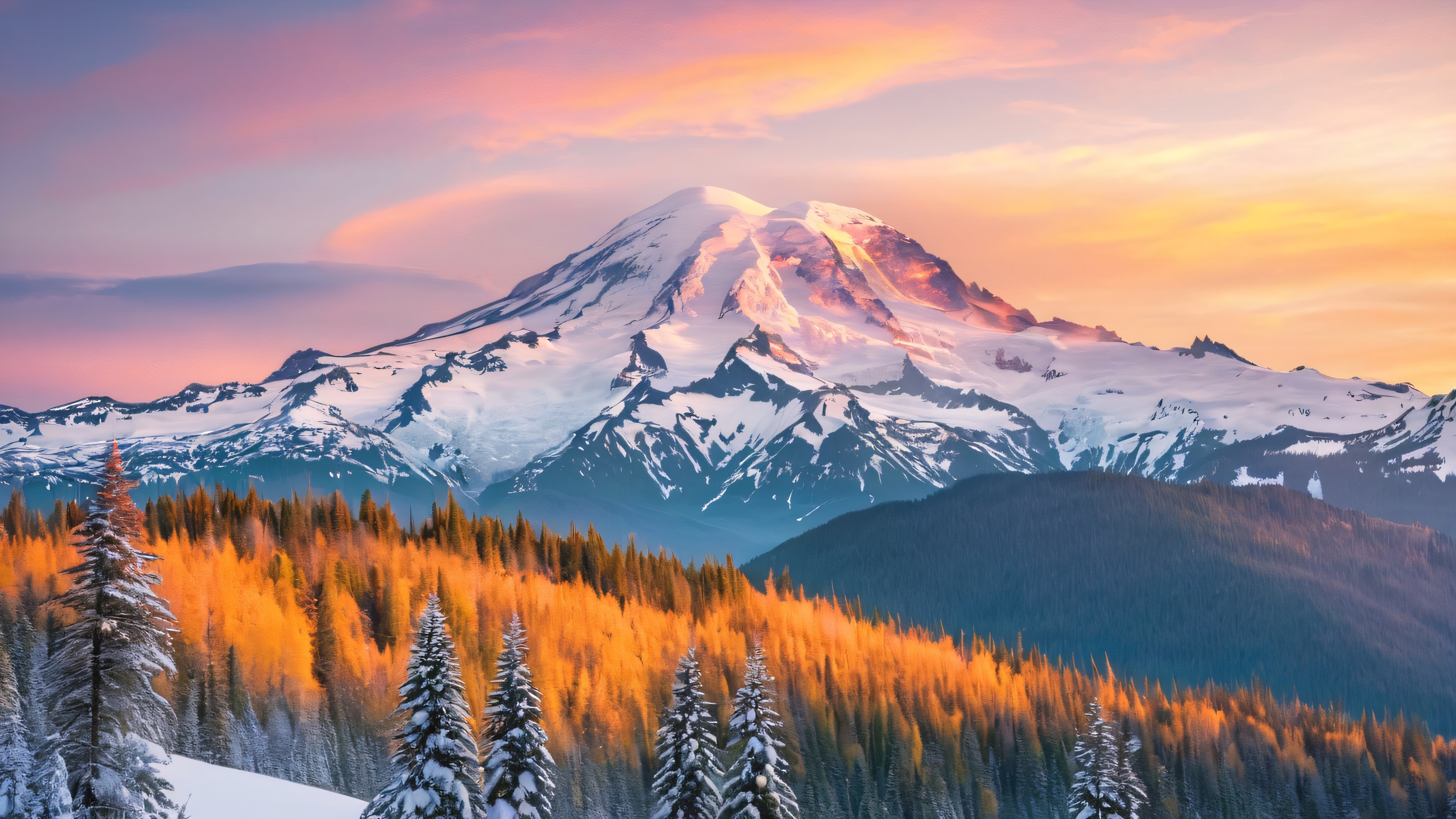 A majestic mountain peak bathed in warm alpenglow light, surrounded by wispy clouds and misty forests.